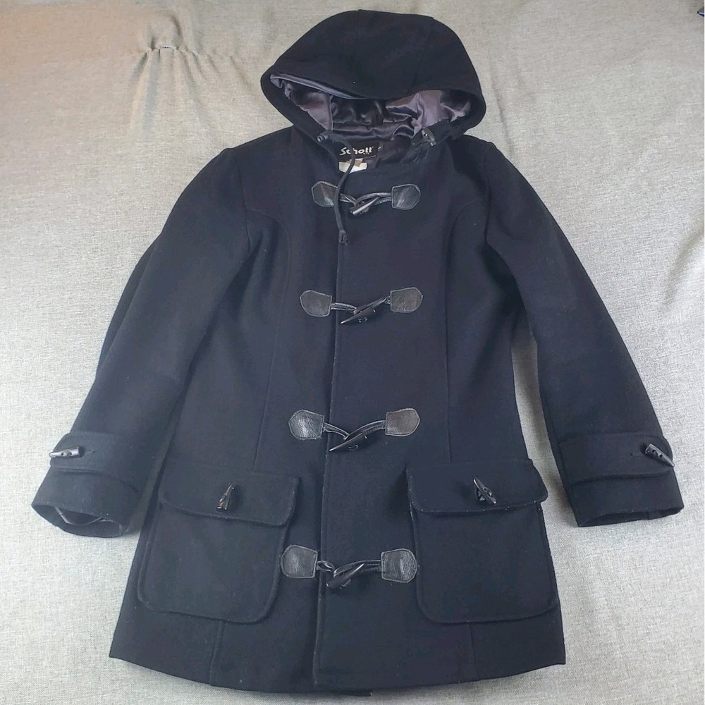 Schott NYC Peacoat Womens Small Wool Hooded Duffel Toggle Button Black Coat